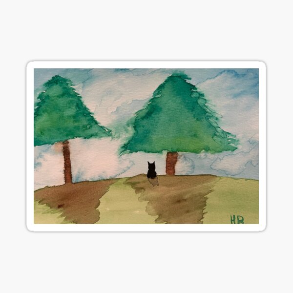 Two Trees with a Black Cat and Blue Sky Sticker