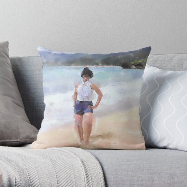 Woman on the Beach Watercolor Throw Pillow