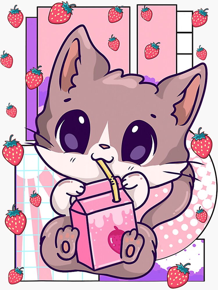 Cute Kawaii Cat Strawberry Milk Anime Neko Shake T' Sticker