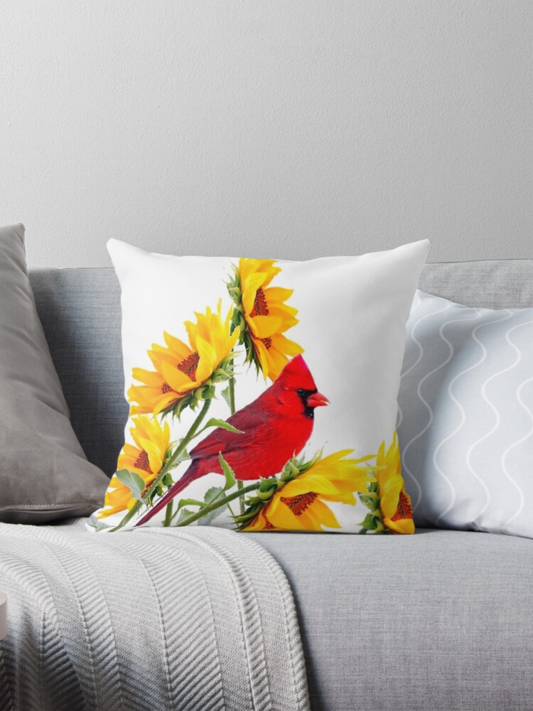 Aperçu 1 sur 4. Coussin avec l'œuvre ART FLORAL JARDIN CARDINAL ROUGE & JAUNES TOURNESOL créée et vendue par sharlesart.