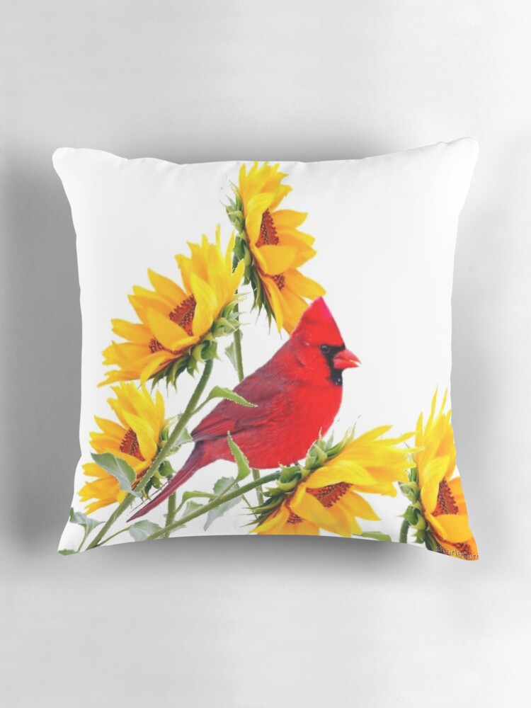 Aperçu 3 sur 4. Coussin avec l'œuvre ART FLORAL JARDIN CARDINAL ROUGE & JAUNES TOURNESOL créée et vendue par sharlesart.