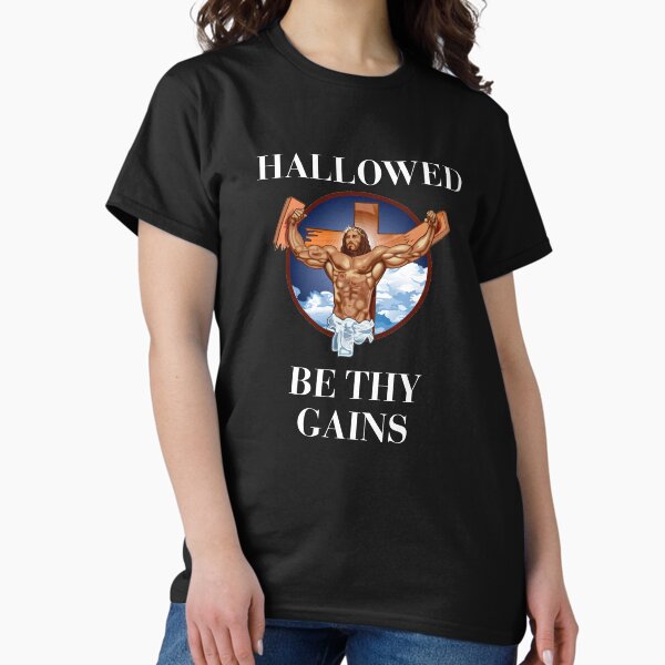 Vista previa del artículo con la obra «Santificadas sean tus ganancias - Swole Jesus - Jesús es tu amigo, así que recuerda orar para convertirte en un swole af.», diseñado y vendido por crazycollective.
