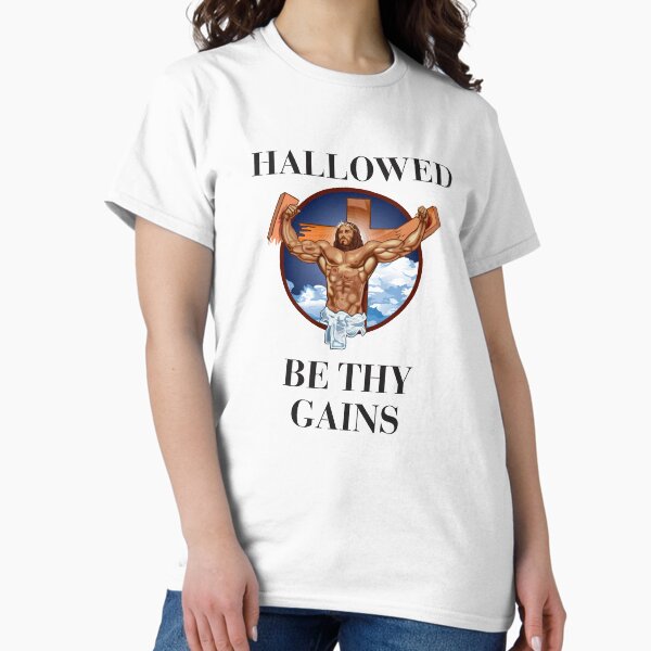 Vista previa del artículo con la obra «Santificadas sean tus ganancias - Swole Jesus - Jesús es tu amigo, así que recuerda orar para convertirte en un swole af.», diseñado y vendido por crazycollective.