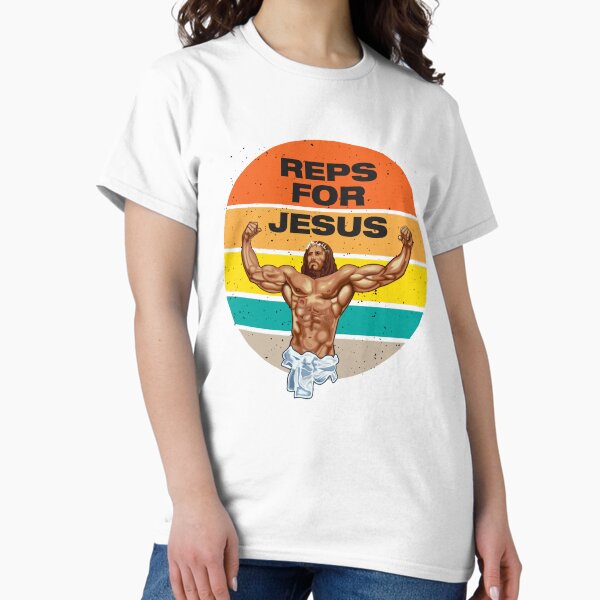Vista previa del artículo con la obra «Representantes de Jesús - Swole Jesus - ¡Jesús es tu amigo, así que recuerda orar para convertirte en un swole af!», diseñado y vendido por crazycollective.