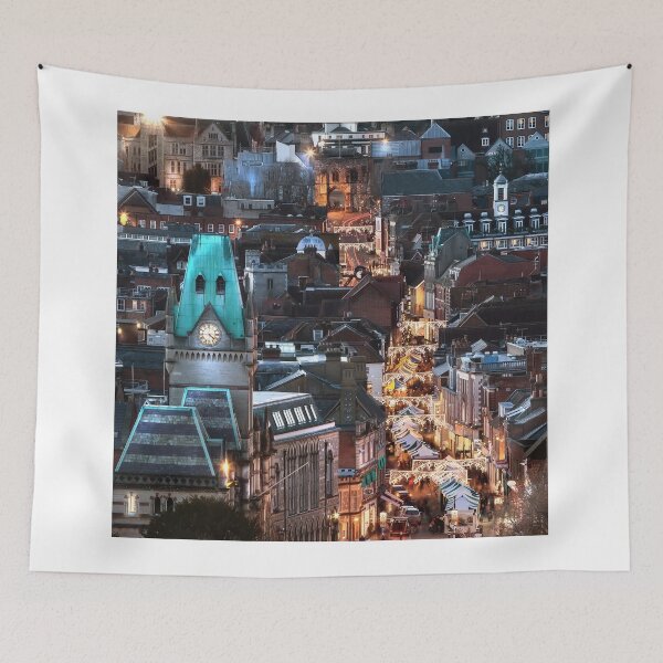 Item preview, Elevated city view at night with Christmas market stalls  designed and sold by simonbratt.
