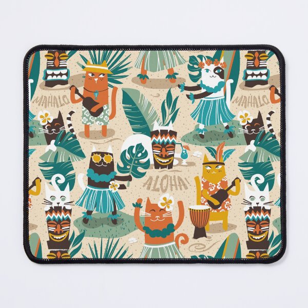 Item preview, Secret Hawaiian beach party // ivory sand background greige shadows gold drop orange goldenrod yellow dark oak brown and white cats jade and pine green tropical vegetation peacock blue summery details designed and sold by SelmaCardoso.