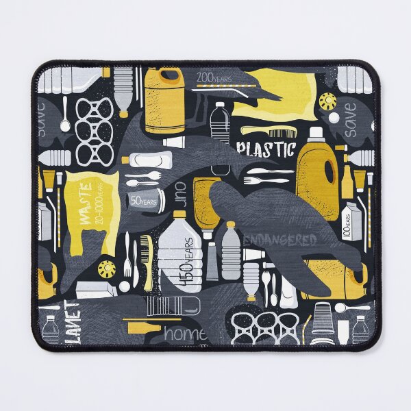 Item preview, Our plastic world // black background grey endangered animal species with yellow white and transparent plastic waste designed and sold by SelmaCardoso.