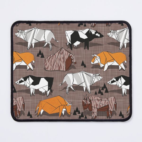 Item preview, Origami cattle friends // brown linen texture background orange brown grey black and white geometric ox bulls and cows  designed and sold by SelmaCardoso.