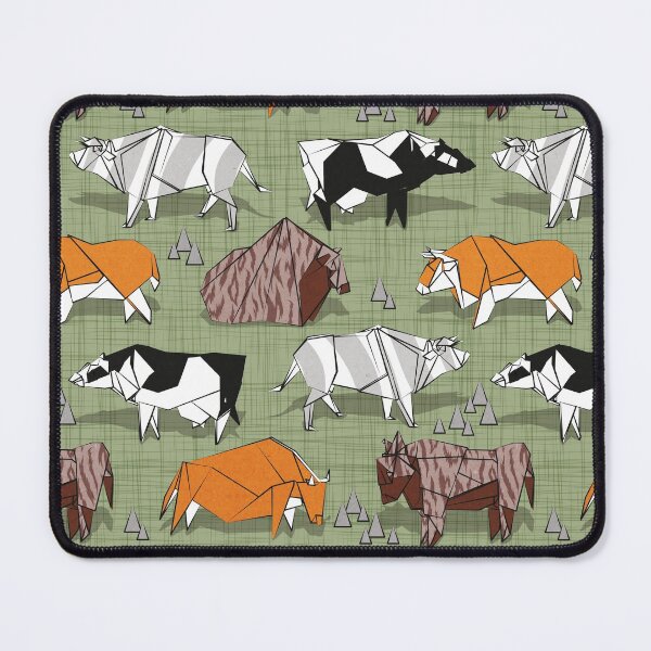 Item preview, Origami cattle friends // sage green linen texture background orange brown grey black and white geometric ox bulls and cows  designed and sold by SelmaCardoso.