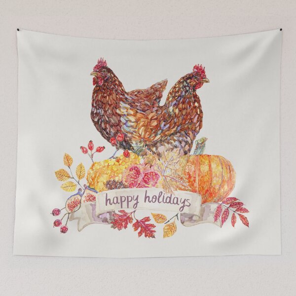 Item preview, Happy Holidays Red Hens with Fall Harvest Wreath designed and sold by becca-boyce.