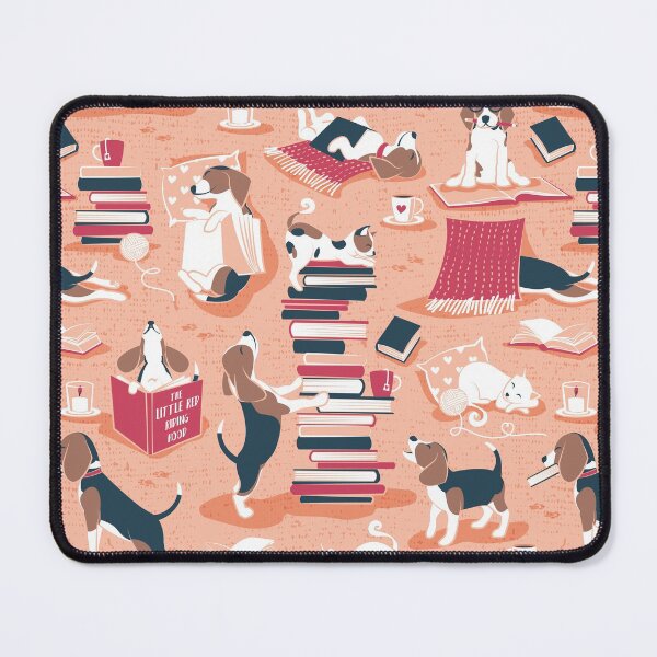 Item preview, Life is better with books a hot drink and a friend // flesh coral background brown white and blue beagles and cats and red cozy details designed and sold by SelmaCardoso.