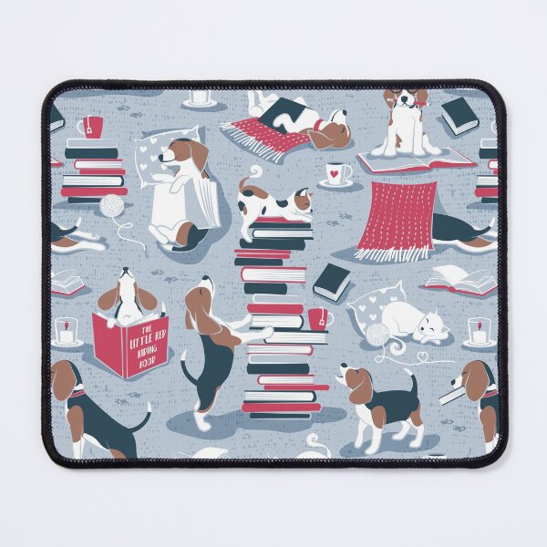 Item preview, Life is better with books a hot drink and a friend // blue background brown white and blue beagles and cats and red cozy details designed and sold by SelmaCardoso.