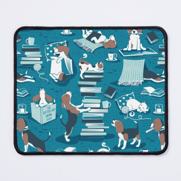Item preview, Life is better with books a hot drink and a friend // turquoise background brown white and blue beagles and cats and aqua cozy details designed and sold by SelmaCardoso.