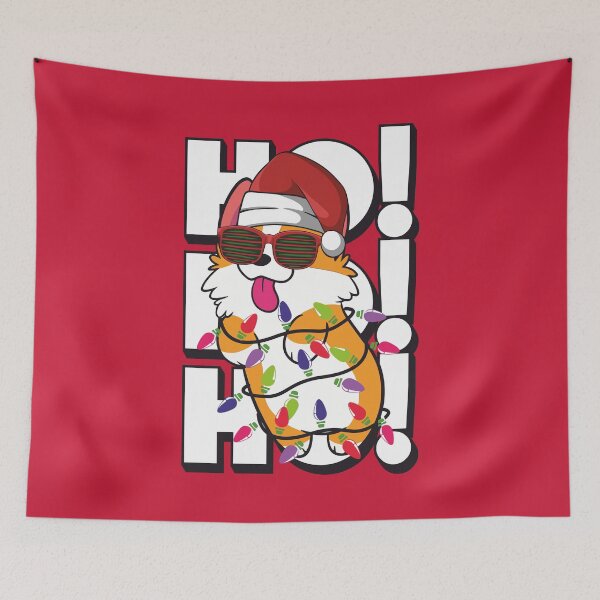 Item preview, Cute and Witty Corgi wrapped in Christmas Lights wearing Santa Hat & Sunglasses HO HO HO funny Welsh Corgi designed and sold by zenturtlemerch.