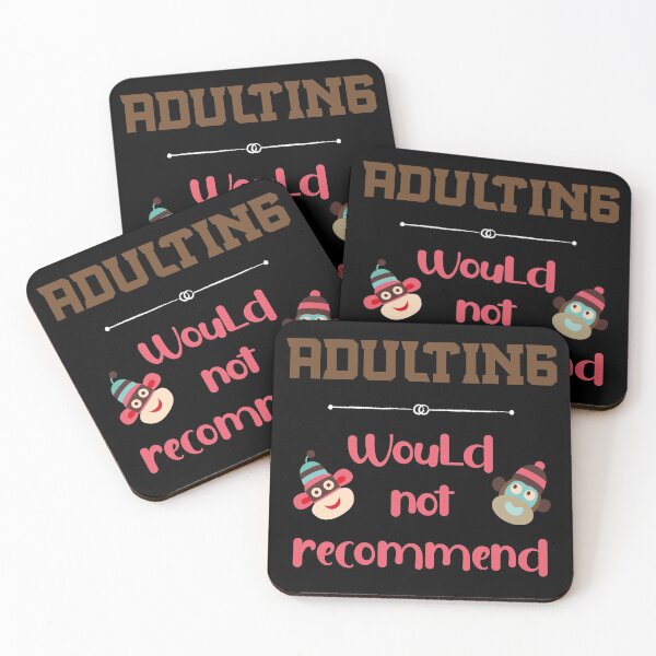 Item preview, Adulting, Would not recommend - In Pink and Brown with two Sock Monkey Heads designed and sold by Trinket-Trickster.