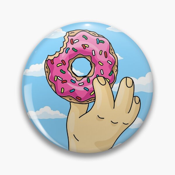 Item preview, man holding half eaten cartoon donut with pink frosting against blue sky wishes clouds. designed and sold by yassineddy.