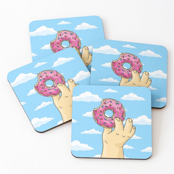 Item preview, man holding half eaten cartoon donut with pink frosting against blue sky wishes clouds. designed and sold by yassineddy.
