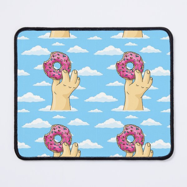 Item preview, man holding half eaten cartoon donut with pink frosting against blue sky wishes clouds. designed and sold by yassineddy.