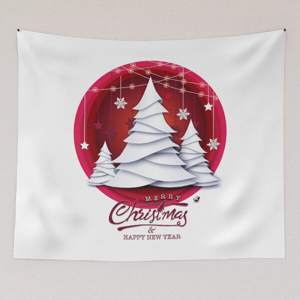 Item preview, Red Christmas ball with white Christmas trees and lettering designed and sold by Alexandra Kueny.