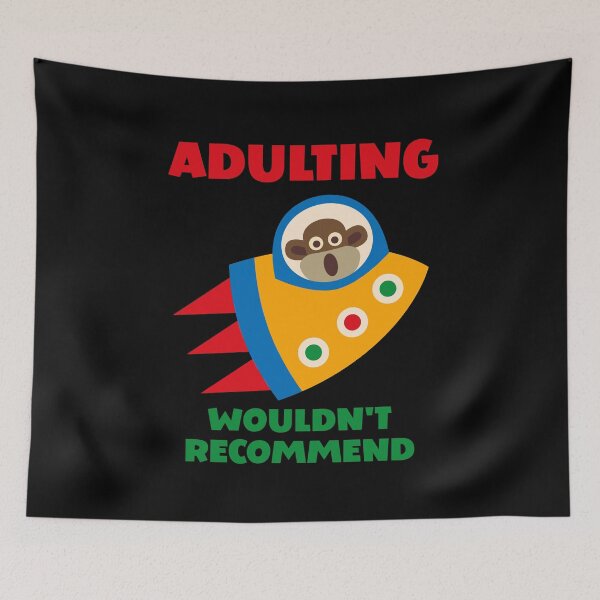 Item preview, Adulting, Wouldn't Recommend - Sock Monkey in Colourful Flying Rocket designed and sold by Trinket-Trickster.