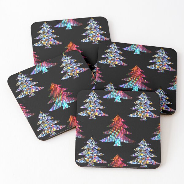 Item preview, Rainbow glitter Christmas Trees on a black background pattern designed and sold by Pear Tree Studio.