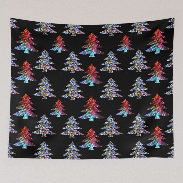 Item preview, Rainbow glitter Christmas Trees on a black background pattern designed and sold by Pear Tree Studio.