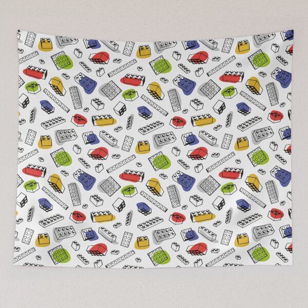 Item preview, Play with me // white background blue red orange shade green grey and mustard yellow kids plastic building bricks blocks toys designed and sold by SelmaCardoso.