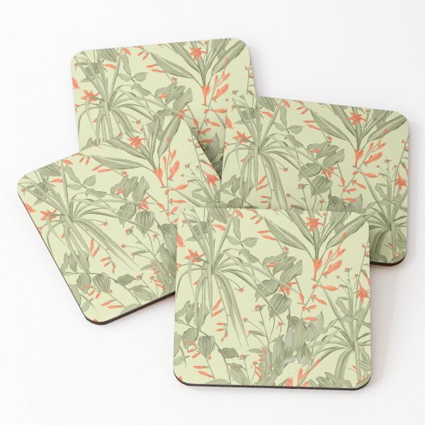 Item preview, Sage-green foliage pattern with coral flowers on a  light green  background designed and sold by ANAKOTO.