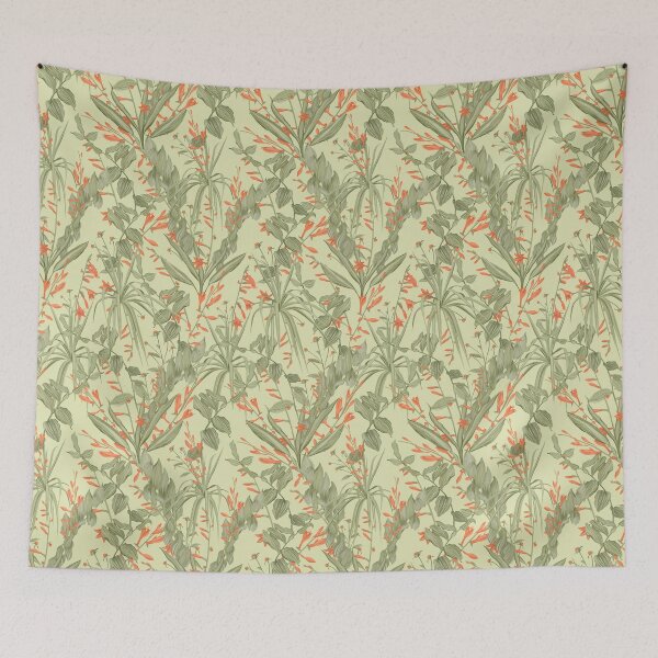 Item preview, Sage-green foliage pattern with coral flowers on a  light green  background designed and sold by ANAKOTO.