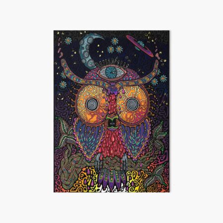 PSYCHEDELIC TRIPPY HORROR VACUI OWL ON BRANCH - full colour Art Board Print