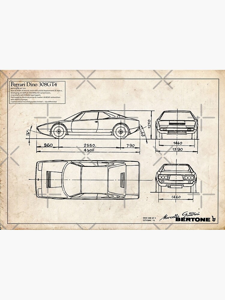 Discover Ferrari Dino 308 GT4 Blueprints, Marcello Gandini Bertone designs blueprints Premium Matte Vertical Poster