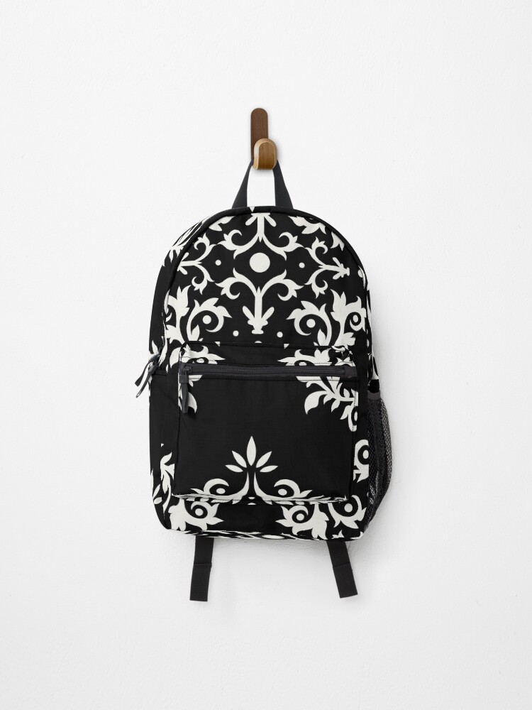 Thumbnail 1 von 3, Rucksack, Black and Cream Simple Damask Scroll Pattern Pairs Dulux 2022 Popular Colour Cliff Walk - Color Trends designt und verkauft von ColorOfTheYears.