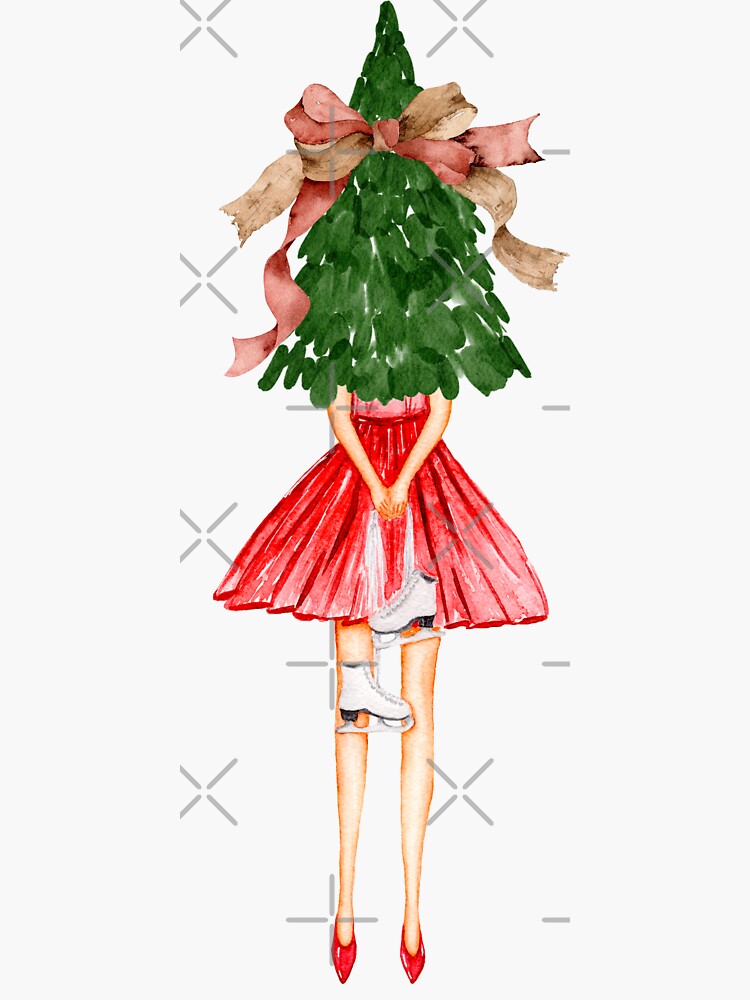 Christmas Watercolor illustration : Girl in a red dress with ice skates and Christmas  tree" Sticker for Sale by HappyNoireArt | Redbubble