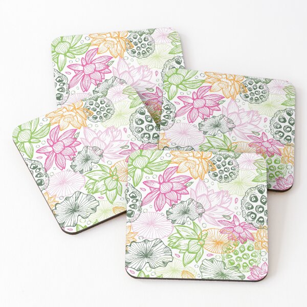 Item preview, Vector colourful lotus tropical flowers, green water lily leaves outlines illustration designed and sold by jamiesoondesign.