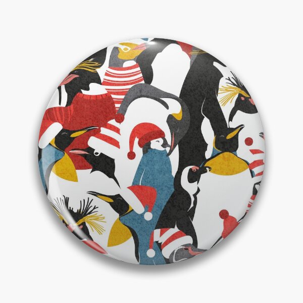 Item preview, Merry penguins // black white grey dark teal yellow and coral type species of penguins red dressed for winter and Christmas season designed and sold by SelmaCardoso.