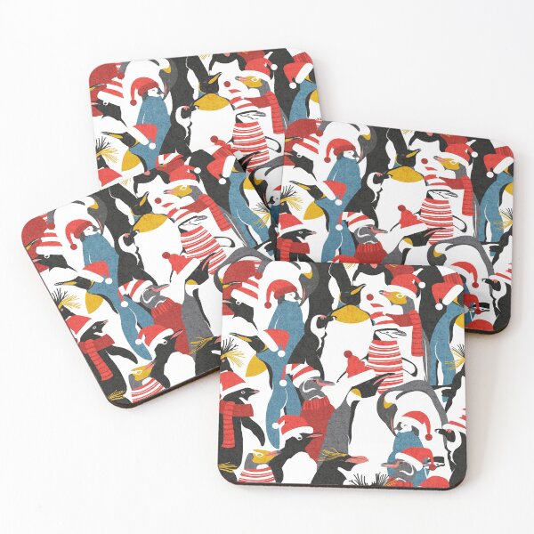 Item preview, Merry penguins // black white grey dark teal yellow and coral type species of penguins red dressed for winter and Christmas season designed and sold by SelmaCardoso.