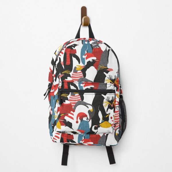 Item preview, Merry penguins // black white grey dark teal yellow and coral type species of penguins red dressed for winter and Christmas season designed and sold by SelmaCardoso.
