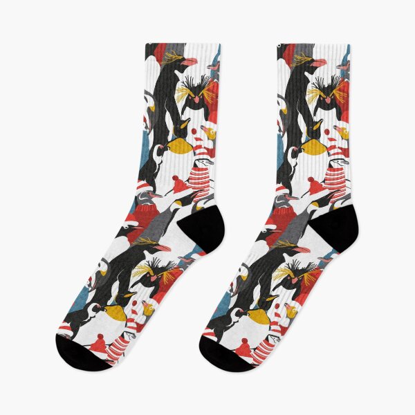 Item preview, Merry penguins // black white grey dark teal yellow and coral type species of penguins red dressed for winter and Christmas season designed and sold by SelmaCardoso.
