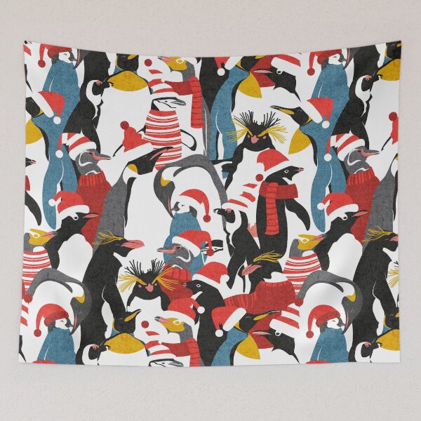Item preview, Merry penguins // black white grey dark teal yellow and coral type species of penguins red dressed for winter and Christmas season designed and sold by SelmaCardoso.
