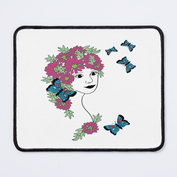 Item preview, Butterfly Girl-graphic  floral line art, pink, green, blue, daisies, butterflies designed and sold by Stephanie J Lewis.