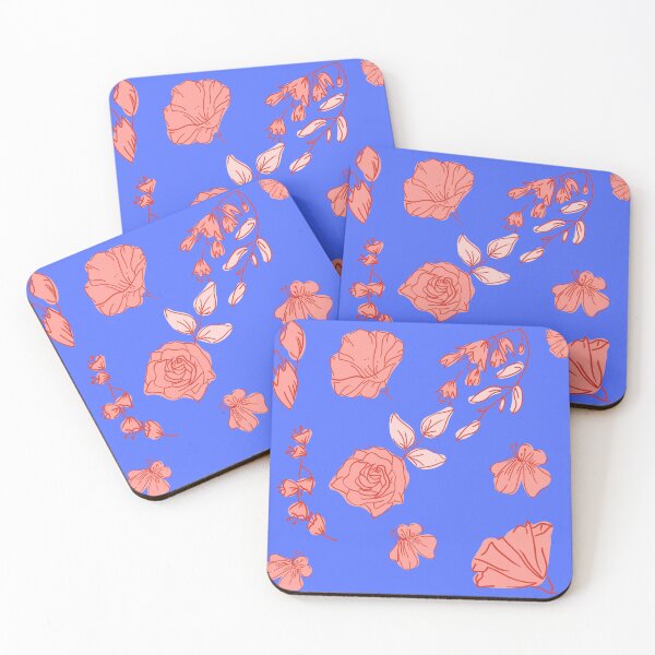 Item preview, coral flowers on blue background designed and sold by bohemedesign.