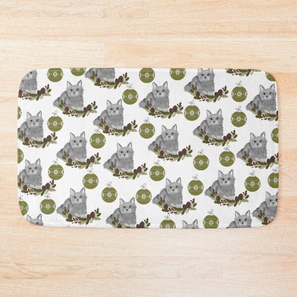 Item preview, Grey Cat Pattern with Green Ornaments in White Background designed and sold by SMillustrations.