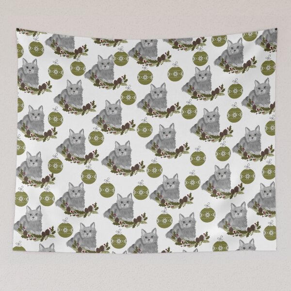 Item preview, Grey Cat Pattern with Green Ornaments in White Background designed and sold by SMillustrations.