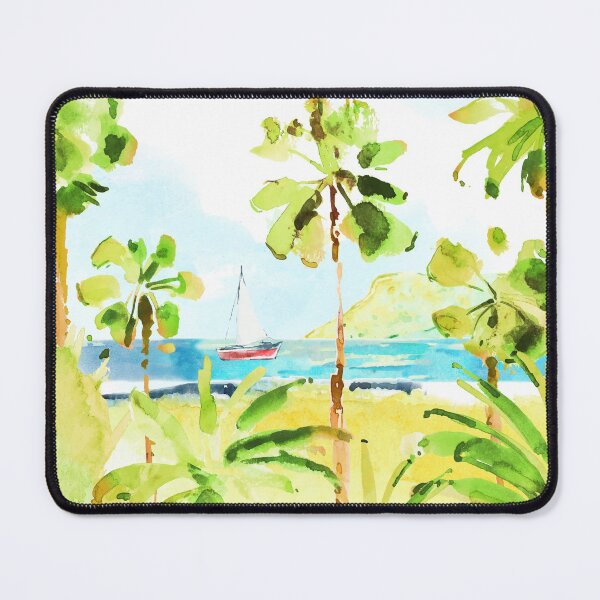 Artikelvorschau, Aquarell Sommer helle Hand zeichnen Illustration mit exotischen stilisierten Palmen, Strand, Boot und Meer entworfen und verkauft von GalinaChe.