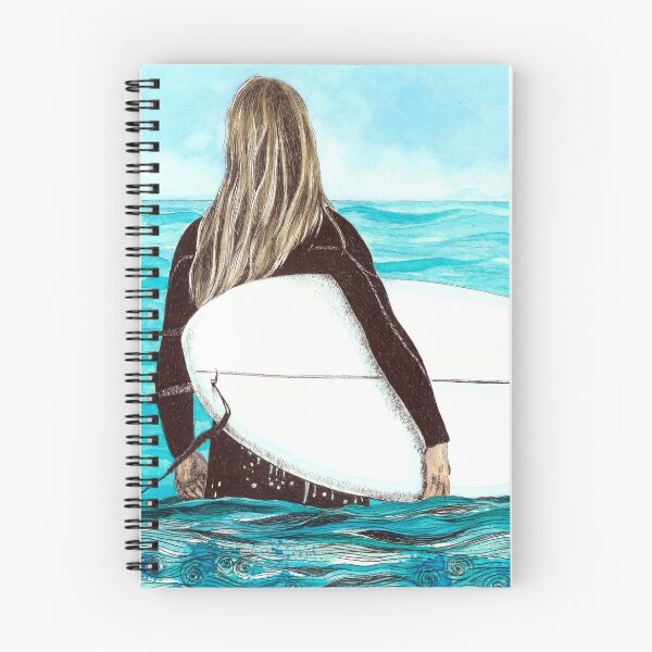 Item preview, Blonde Surfer Girl, holding a surfboard, looking out over turquoise water V1 designed and sold by LaniCroaker.