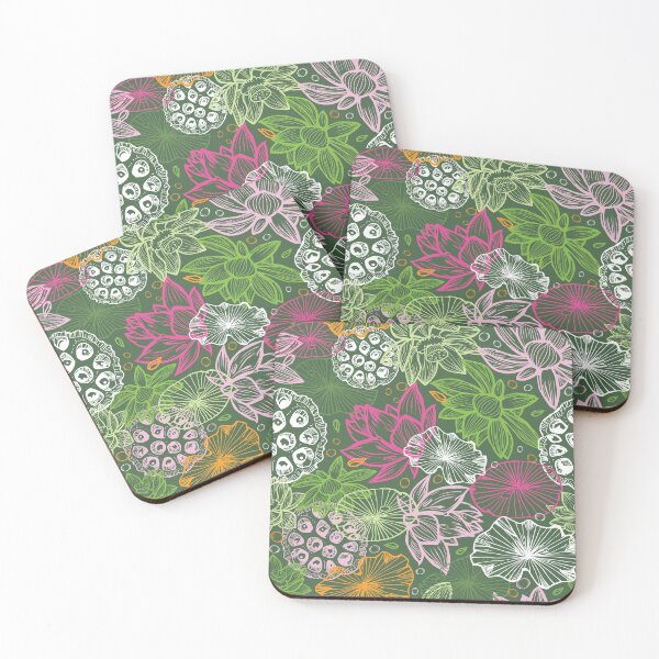 Item preview, Vector green overlapping lotus tropical flowers outlines illustration designed and sold by jamiesoondesign.