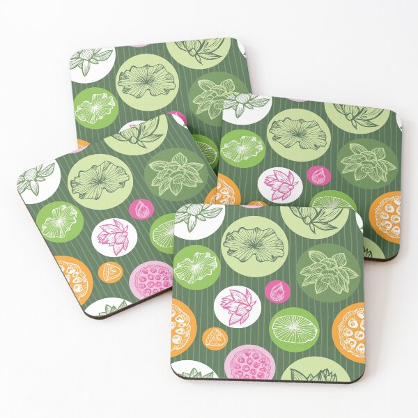 Item preview, Vector colourful lotus tropical flowers, green water lily leaves in round circles illustration designed and sold by jamiesoondesign.