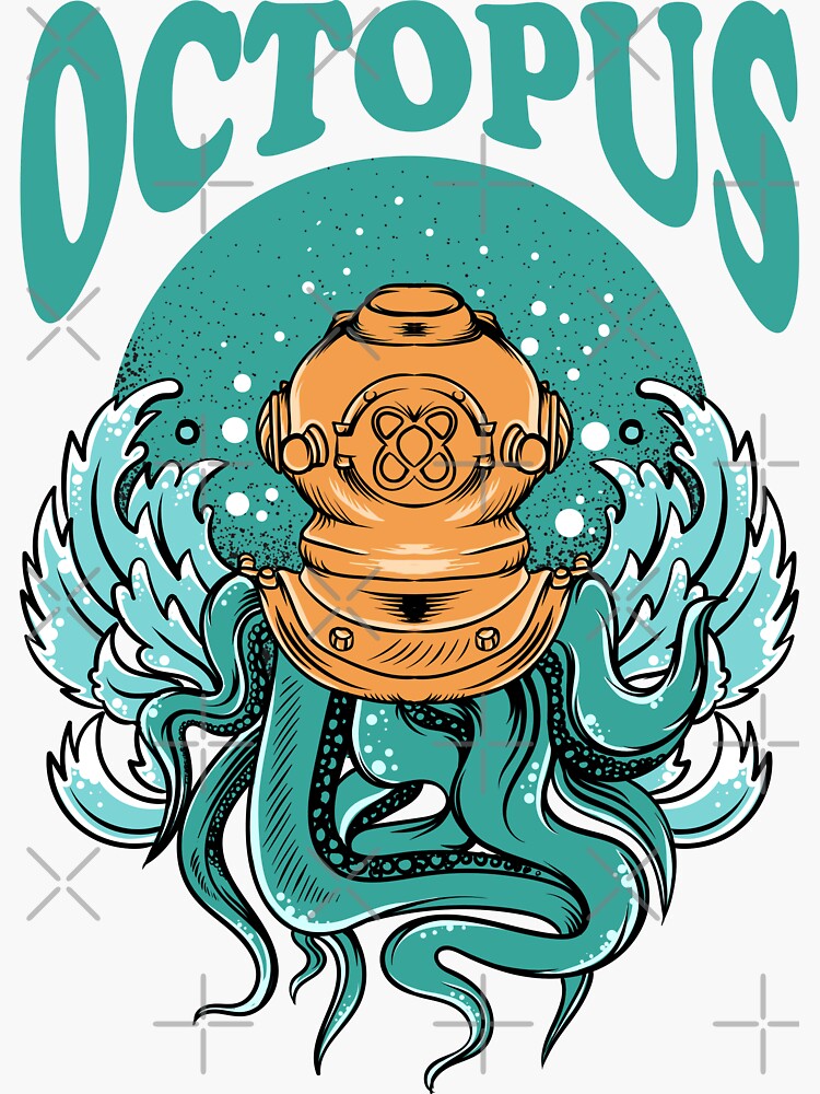 "an octopus diving with a helmet" Sticker by Dwmstd Redbubble