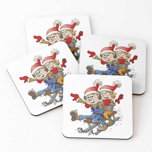 Item preview, Winter illustration - A boy and a girl playing in the snow on a sledge  designed and sold by Stef Ringoot, cartoons and illustrations.