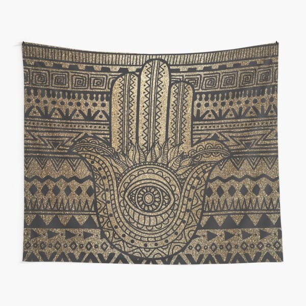 Native Pattern Golden Hamsa Hand Tapestry